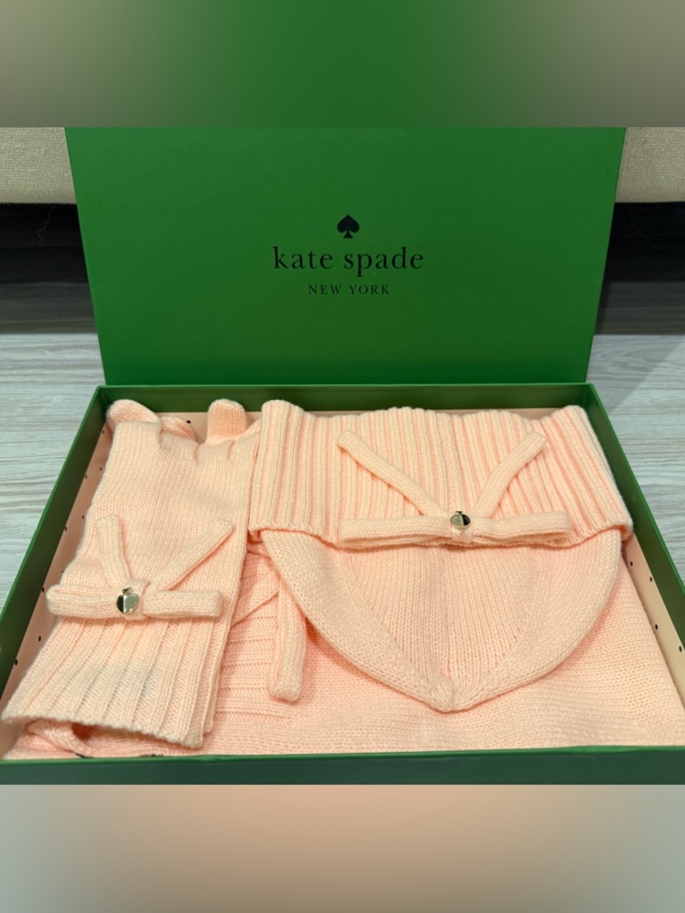 kate spade blush pink knit hat, scarf, and gloves set